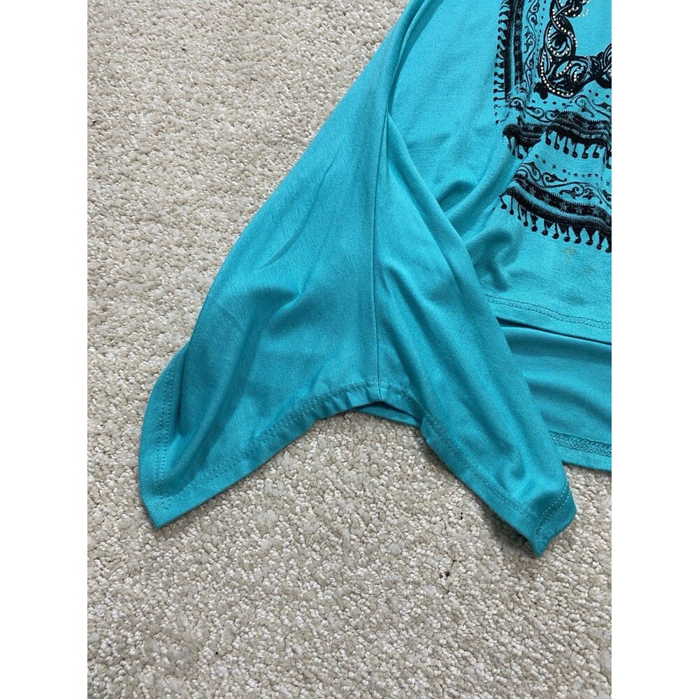 Y2K Vocal Turquoise Sleeveless Rhinestone Cross Tunic Top Rayon Spandex Size S - Picture 12 of 15